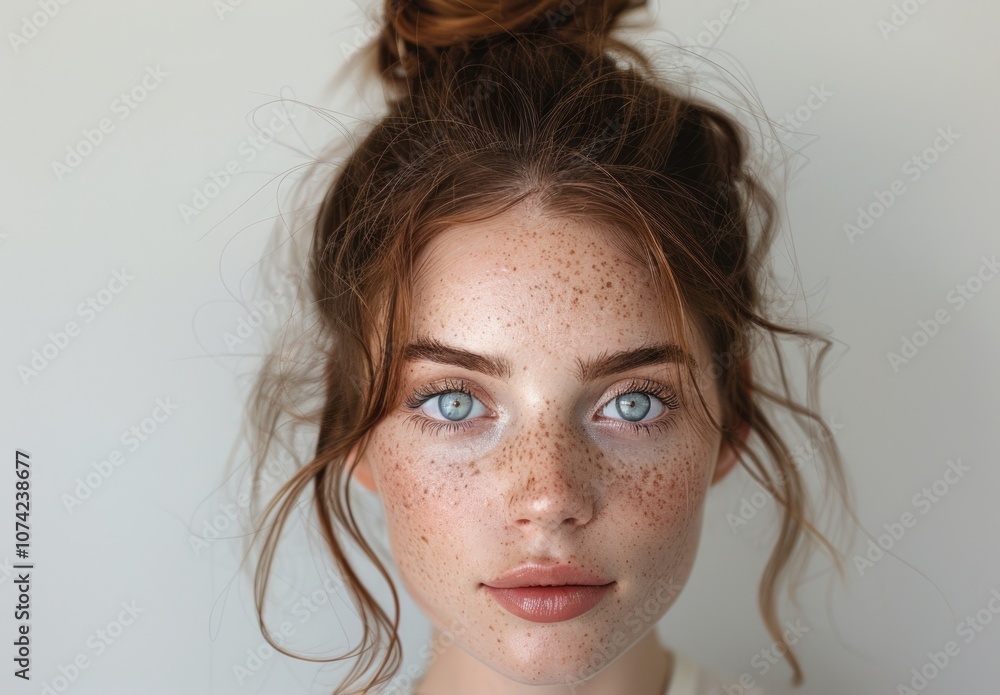 Stunning Portrait of a Woman with Freckles and Blue Eyes Stunning Portrait of a Woman with Freckles and Blue Eyes