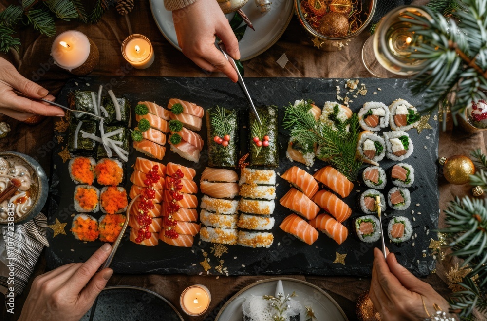 Festive Sushi Platter Enjoyed by Friends at Holiday Gathering