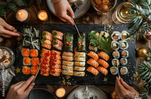 Obraz na płótnie Festive Sushi Platter Enjoyed by Friends at Holiday Gathering w salonie