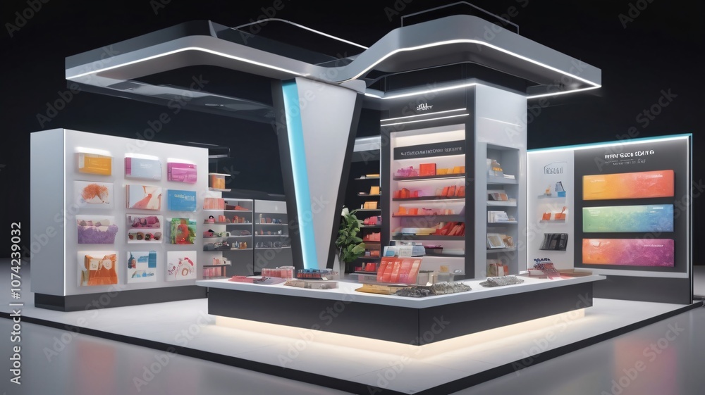 Modern Exhibition Booth Design with Colorful Display Shelves and Artwork Modern Exhibition Booth Design with Colorful Display Shelves and Artwork