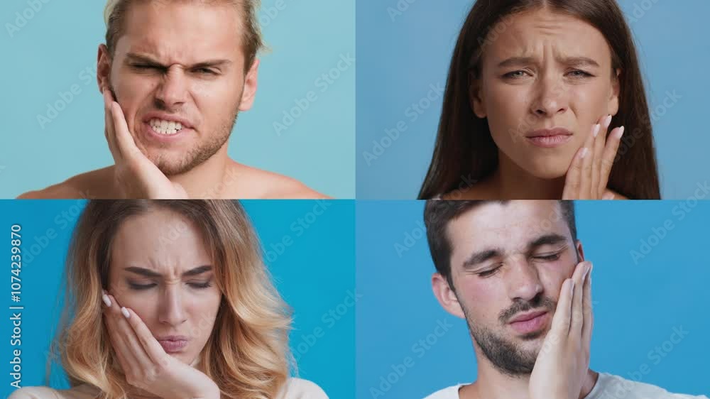 Four individuals display various facial expressions of discomfort, each holding their jaw, indicating they are experiencing tooth pain. The background features a solid blue color. Four individuals display various facial expressions of discomfort, each holding their jaw, indicating they are experiencing tooth pain. The background features a solid blue color.