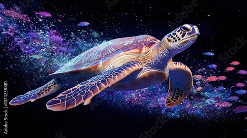 Majestic Sea Turtle Gliding Gracefully Through Vibrant Underwater Galaxy with Colorful Fish in a Sea of Stars and Cosmic Wonders photo