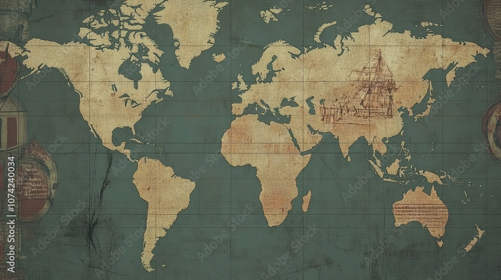 Fototapeta premium A world map printed on textured canvas with subtle grid lines and borders