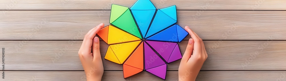 Close-up of hands arranging magnetic shapes in a circular pattern, fine motor development through playful learning Close-up of hands arranging magnetic shapes in a circular pattern, fine motor development through playful learning