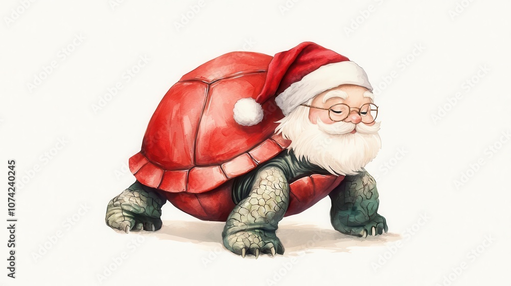 Santa Claus as a turtle, with a red shell, slow and steady Christmas, watercolor style Santa Claus as a turtle, with a red shell, slow and steady Christmas, watercolor style