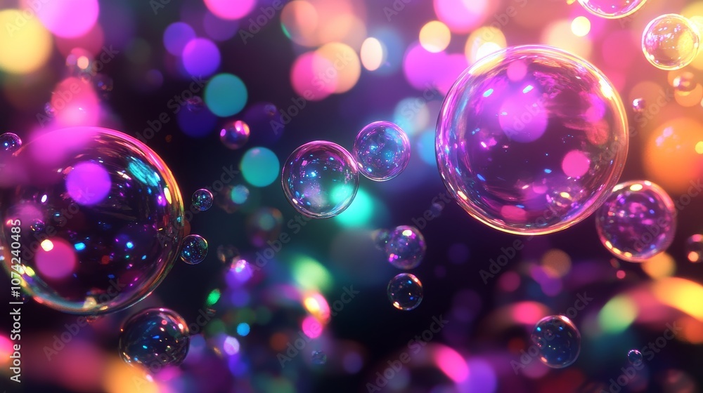 Abstract Glowing Rainbow Bubbles in Dark Space Abstract Glowing Rainbow Bubbles in Dark Space