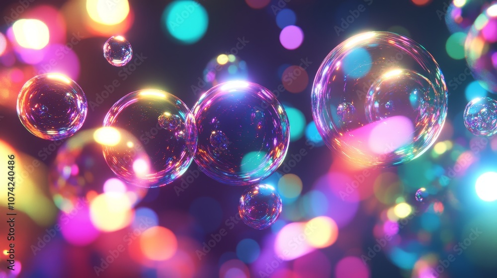 Abstract Glowing Rainbow Bubbles in Dark Space 3D Illustration Abstract Glowing Rainbow Bubbles in Dark Space 3D Illustration