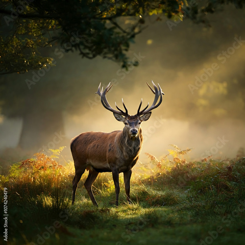 Majestic red deer stag in golden morning light. Stunning wildlife photography capturing the beauty of nature. Perfect for nature documentaries and calendars.