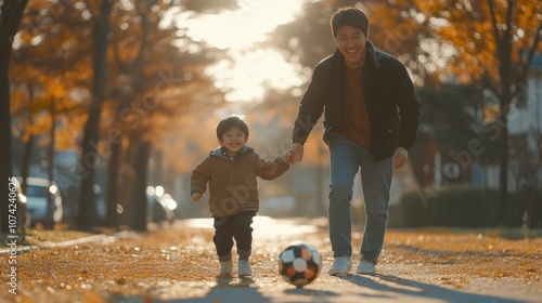 Celebrating Sons Day Father and Son Enjoy Soccer in a Sunny Autumn Park - Perfect for Sons Day, Fathers Day, and International Day of Families photo