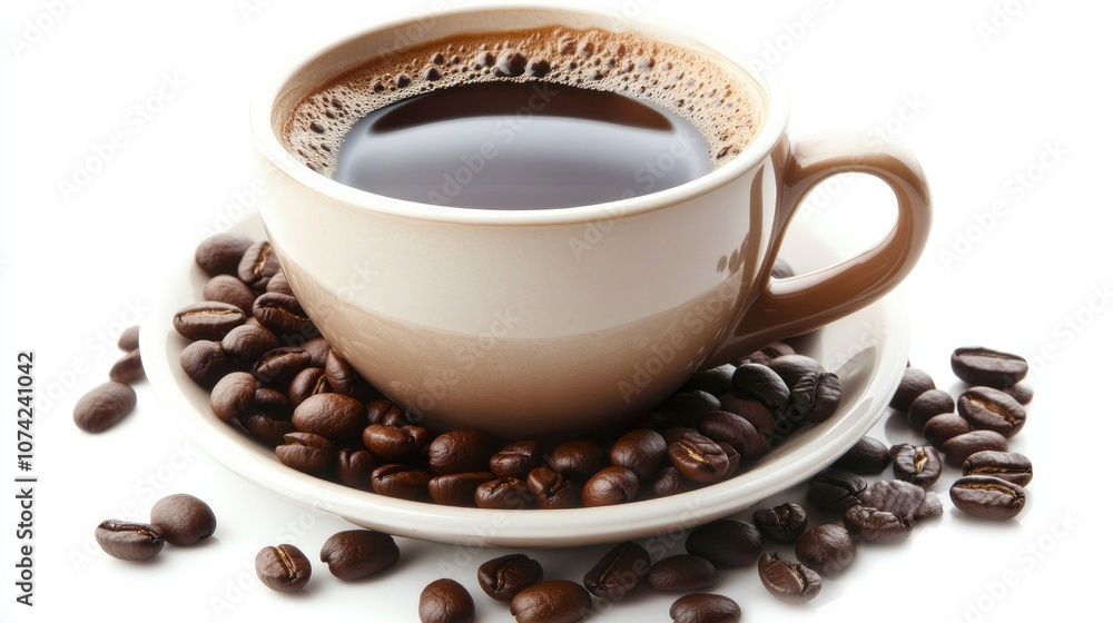 Coffee Cup Surrounded by Roasted Beans, Ready to Enjoy Coffee Cup Surrounded by Roasted Beans, Ready to Enjoy