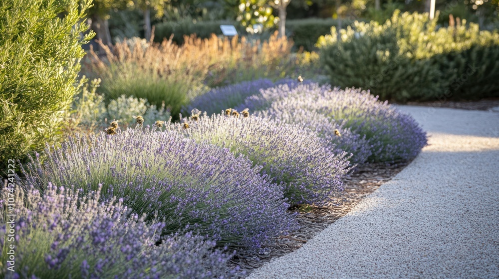 Obraz premium Lavender Flowers Blooming in a Garden with Bees Flying Around