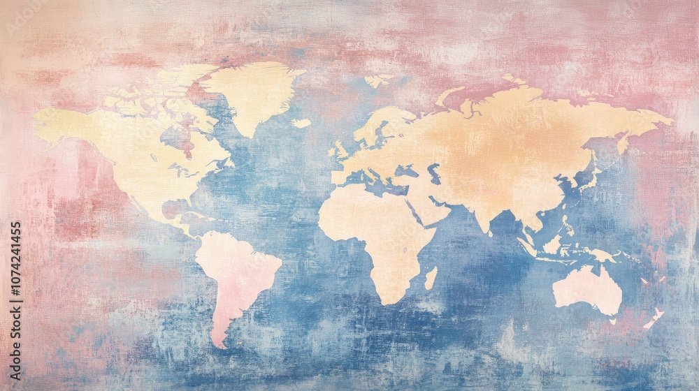 Obraz premium A world map with soft watercolor textures and pastel continents, abstract design