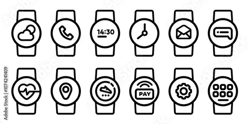 smart watch icon set line round interface set collection from call clock heart rate step monitor wireless payment app symbol