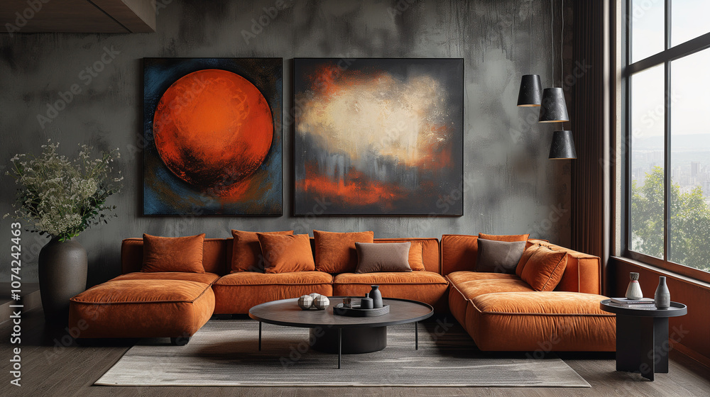 Minimalist, loft interior design of modern living room with earthy tones, featuring a terra cotta sectional sofa, black coffee table, and a textured wall art piece. Desig concept Minimalist, loft interior design of modern living room with earthy tones, featuring a terra cotta sectional sofa, black coffee table, and a textured wall art piece. Desig concept