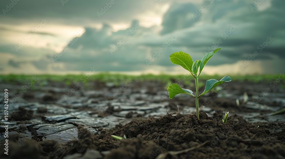 Against the backdrop of approaching rain clouds, a lone sapling emerges from cracked soil. Against the backdrop of approaching rain clouds, a lone sapling emerges from cracked soil.