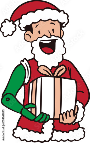 Character Illustration of a Disable Santa Claus with Prosthetic Hand, Christmas Cartoon Character