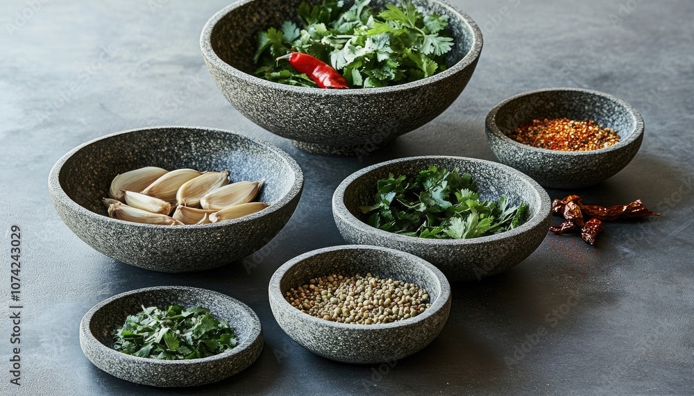 Fresh Herbs, Spices, and Garlic in Bowls for Cooking Fresh Herbs, Spices, and Garlic in Bowls for Cooking