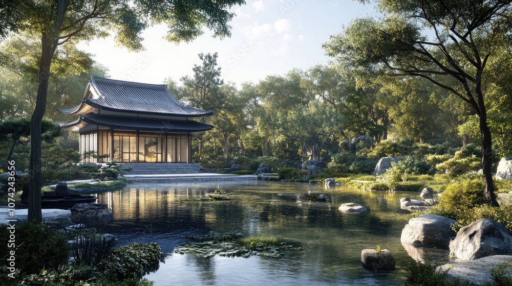Tranquil Pavilion by the Pond: Peaceful Japanese Garden Design with Lush Greenery Tranquil Pavilion by the Pond: Peaceful Japanese Garden Design with Lush Greenery
