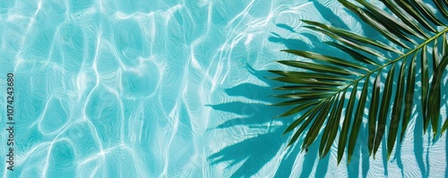 A tranquil view of rippling turquoise water with the shadow of a palm leaf, evoking a serene tropical atmosphere.