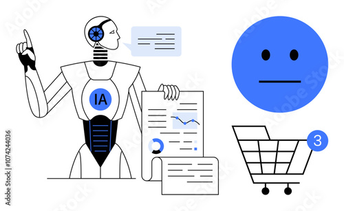 Robot with IA on chest and data in hand, chat bubble, emotionless blue face, shopping cart with notification. Ideal for technology, AI, data analysis, e-commerce, chatbots emotion recognition