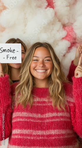 Joyful Woman Celebrating Great American Smokeout with Smoke-Free Sign Among Friends - Perfect for Thanksgiving and New Years Celebrations with Body Positivity photo