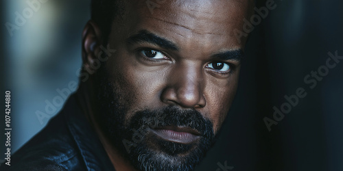 Serious black man with beard staring in moody lighting