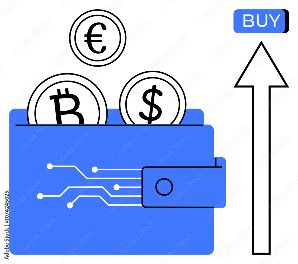Digital wallet containing Bitcoin, Euro, and Dollar coins. Nearby, a buy button and upward arrow symbolize investment and growth. Ideal for financial transactions, digital banking, cryptocurrency