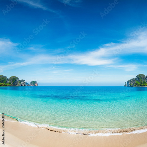 The beach, blue sky, and sparkling ocean make for a dreamy vacation atmosphere