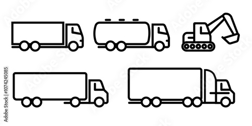 Heavy machinery trailer truck excavator oil gas truck tanker transportation vehicle icon set collection line stroke outline