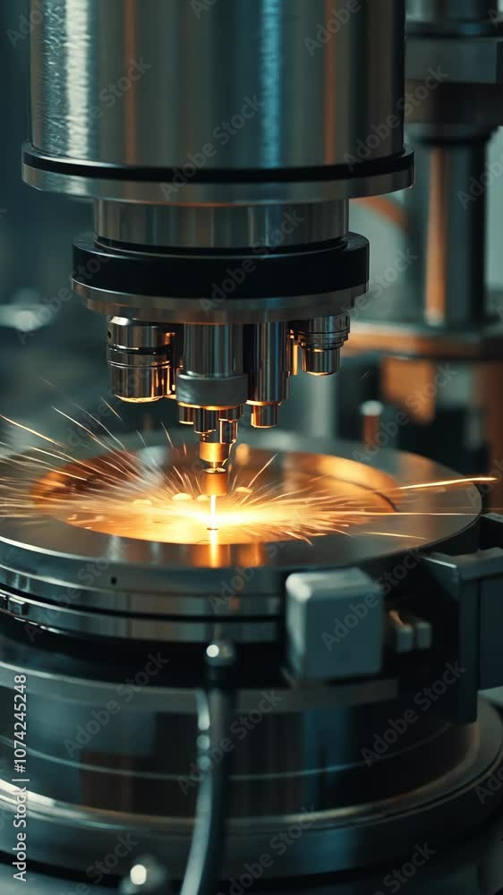 A metalworking machine cuts a piece of metal with sparks flying A metalworking machine cuts a piece of metal with sparks flying