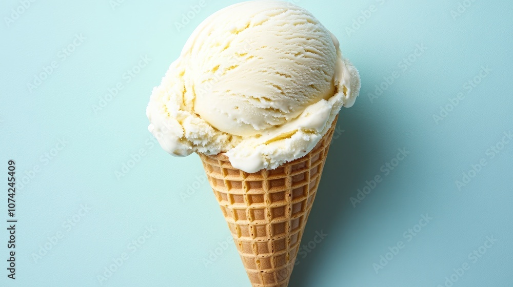 Melting Vanilla Ice Cream in Waffle Cone on a Blue Background Melting Vanilla Ice Cream in Waffle Cone on a Blue Background