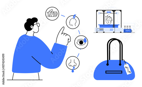 Man pointing at sensory indicators for touch, taste, smell, sight, hearing 3D printer creating a heart blue handbag with a price tag. Ideal for education, science, technology, shopping lifestyle
