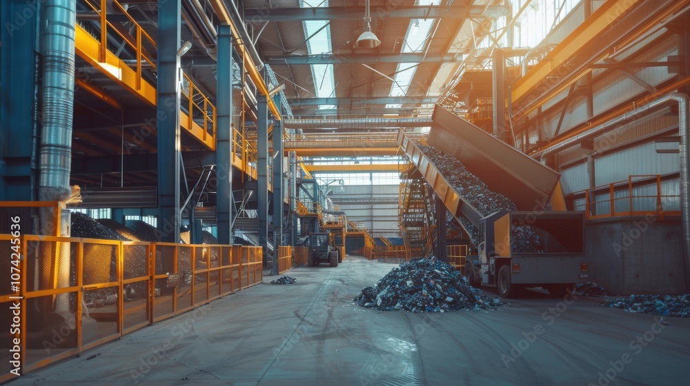 Large industrial warehouse filled with machinery and materials, illustrating a comprehensive manufacturing concept. Large industrial warehouse filled with machinery and materials, illustrating a comprehensive manufacturing concept.