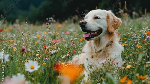 Golden Retriever Dog Resting in a Field of Wildflowers photo