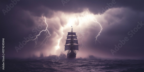 Sailing ship braving storm with lightning striking ocean at night photo