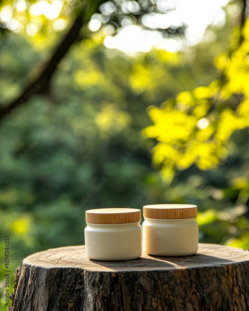 Eco-Friendly Skincare Products Displayed Outdoors on Tree Stump Eco-Friendly Skincare Products Displayed Outdoors on Tree Stump