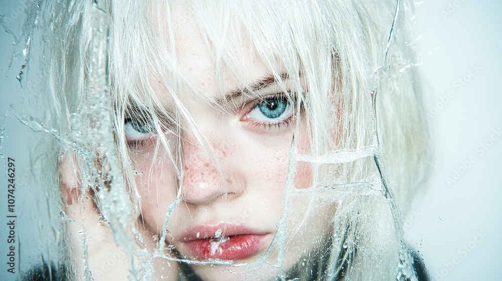 Woman with Blonde Hair and Blue Eyes Behind Broken Glass Woman with Blonde Hair and Blue Eyes Behind Broken Glass