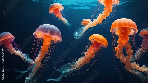 few colorful jellyfish floating underwater using digital illustration techniques. The artwork portrays the jellyfish their bodies adorned with vivid and captivating colors.  photo