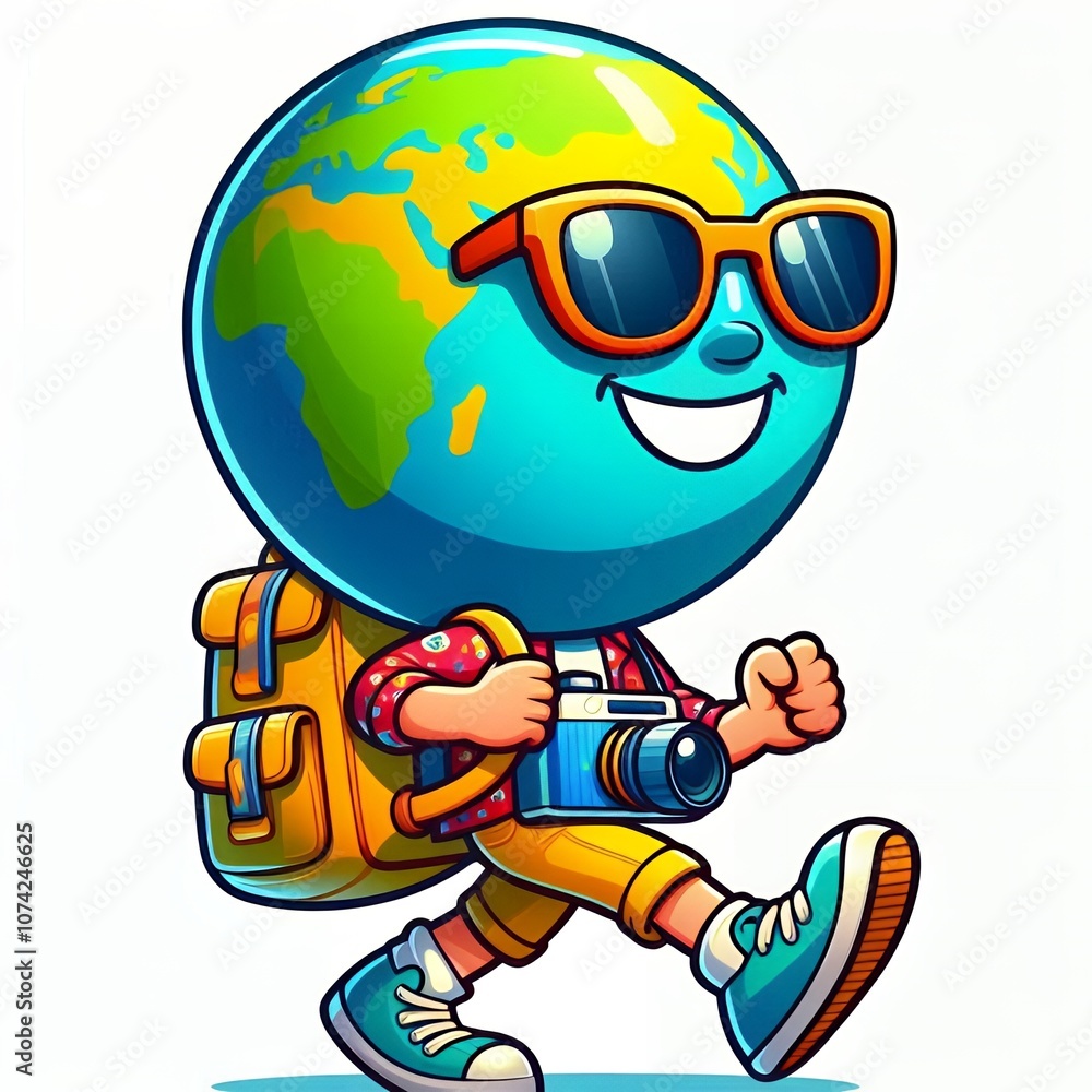 Obraz premium Cartoon character of the globe in the form of a tourist
