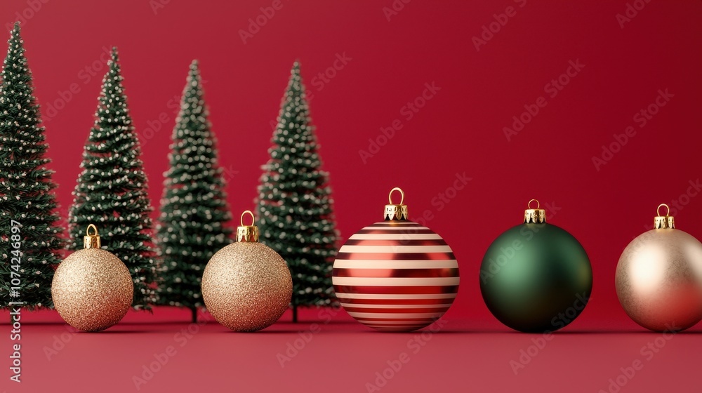 Festive Christmas Ornaments with Pine Trees on Red Background Festive Christmas Ornaments with Pine Trees on Red Background