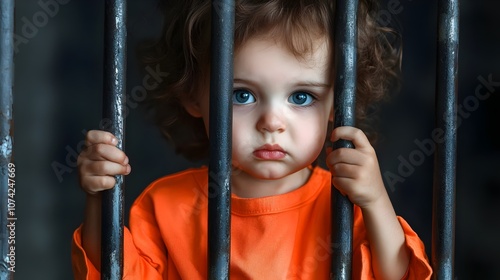Young child imprisoned captured in confinement behind bars in orange jumpsuit in detention center