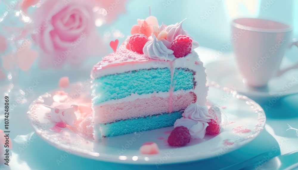 Layered Cake with Whipped Cream, Raspberries, and Hearts Decor Layered Cake with Whipped Cream, Raspberries, and Hearts Decor