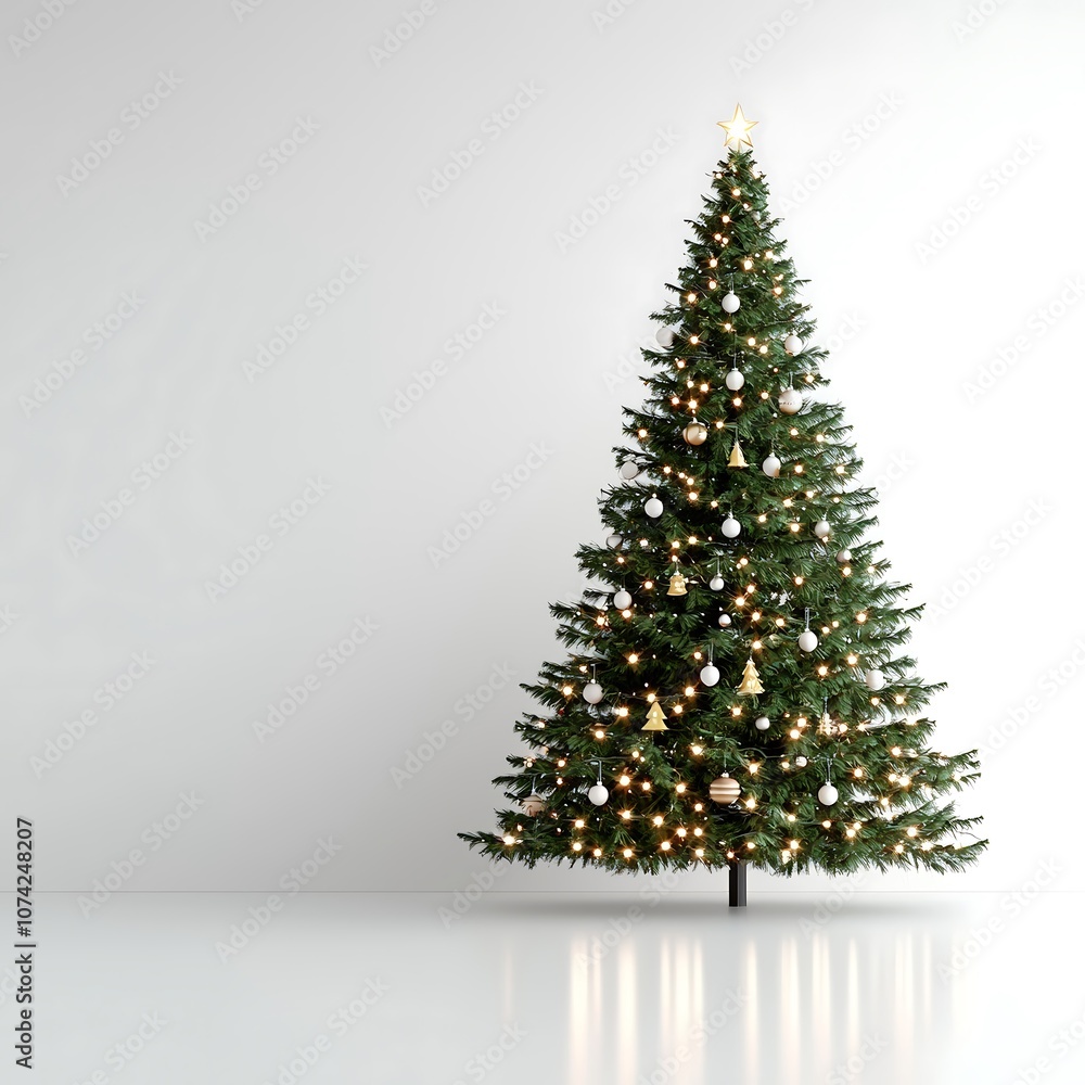 A minimalist Christmas tree with subtle, modern decorations and warm white lights, isolated on a pristine white background. The design captures the elegance and simplicity of the holiday season in a A minimalist Christmas tree with subtle, modern decorations and warm white lights, isolated on a pristine white background. The design captures the elegance and simplicity of the holiday season in a