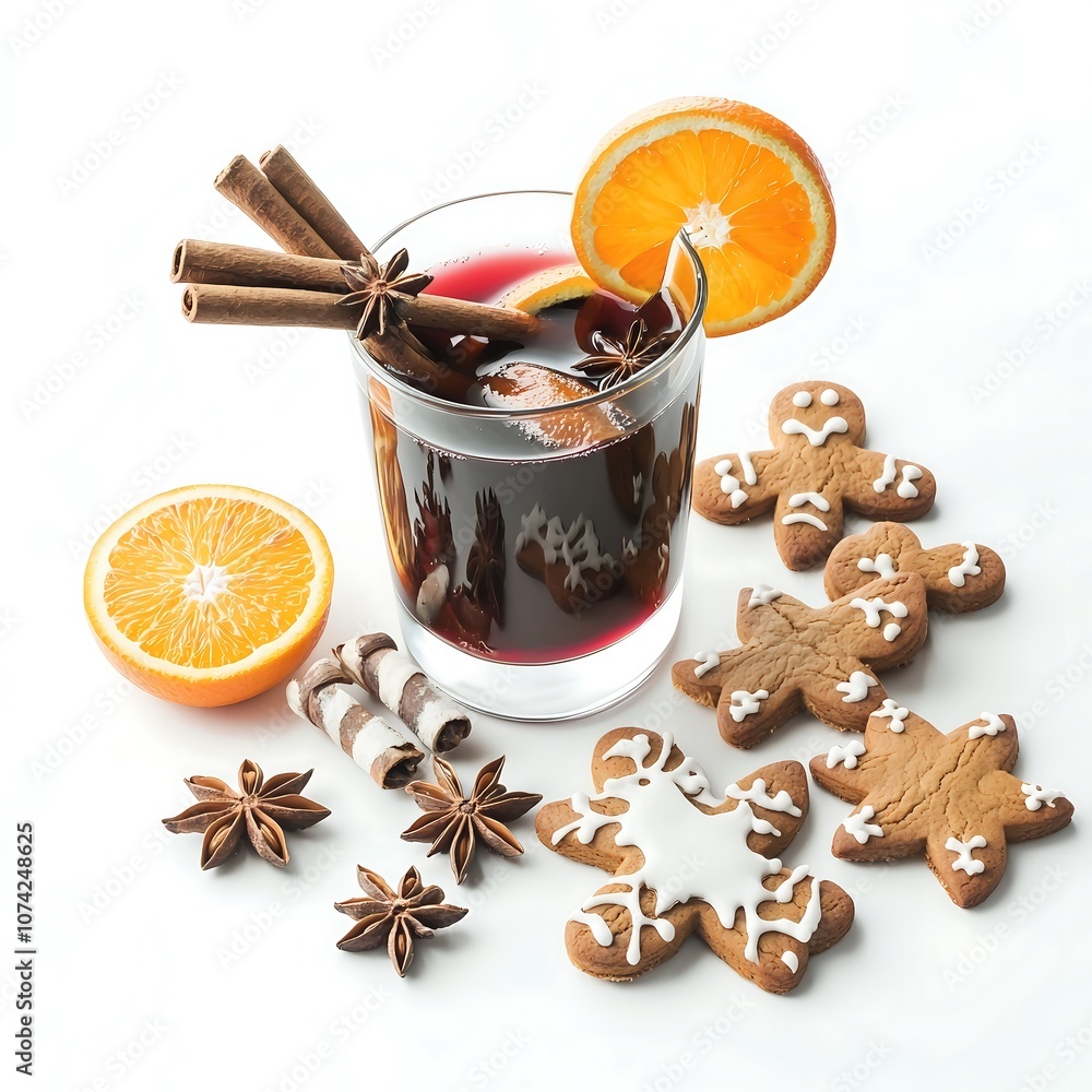 A festive arrangement featuring a glass of mulled wine with cinnamon sticks, star anise, and orange slices, isolated on a clean white background. Surrounding the drink are holiday-themed treats like A festive arrangement featuring a glass of mulled wine with cinnamon sticks, star anise, and orange slices, isolated on a clean white background. Surrounding the drink are holiday-themed treats like