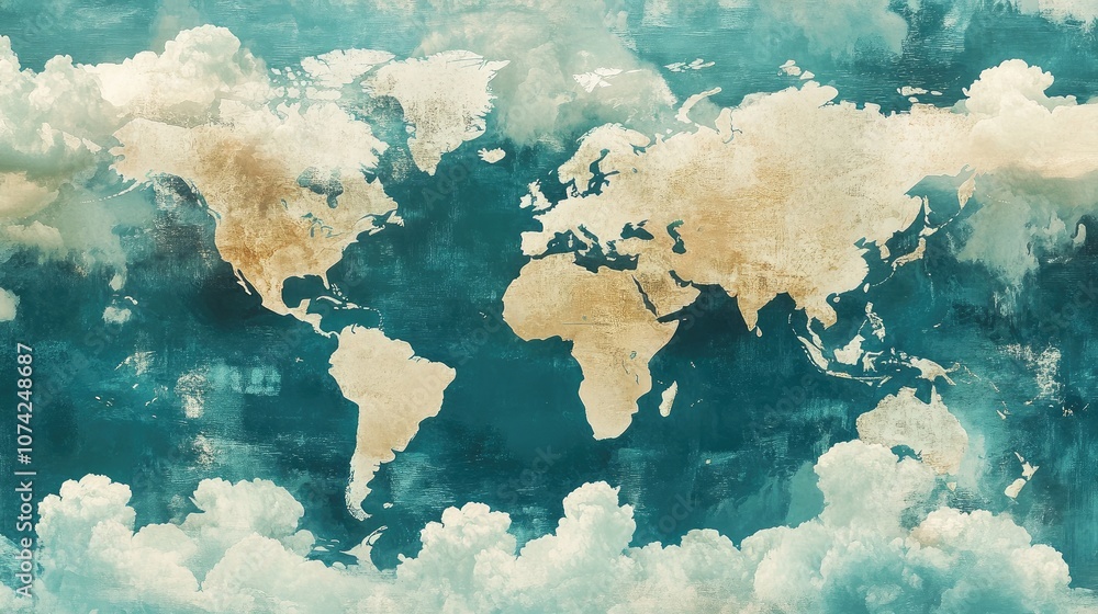 World map with cloud textures overlaid, giving it a dreamy, abstract look World map with cloud textures overlaid, giving it a dreamy, abstract look