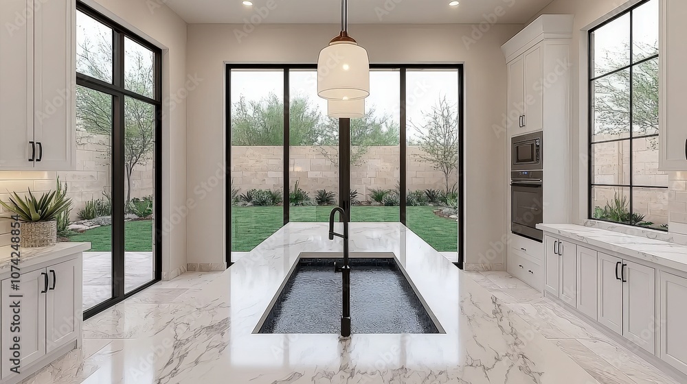 Modern Kitchen Design with Open Concept Patio View and Unique Sink Modern Kitchen Design with Open Concept Patio View and Unique Sink