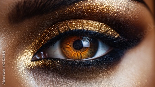 Close-up of a Brown Eye with Golden Glitter Eye Shadow