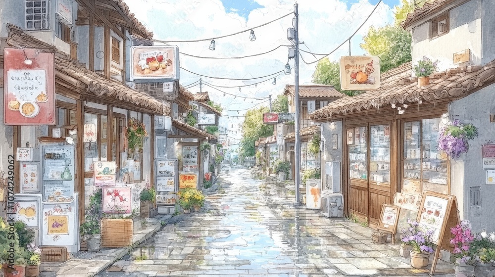 Fototapeta premium Watercolor Illustration of a Quaint Cobblestone Street with Shops and Flowers in Japan