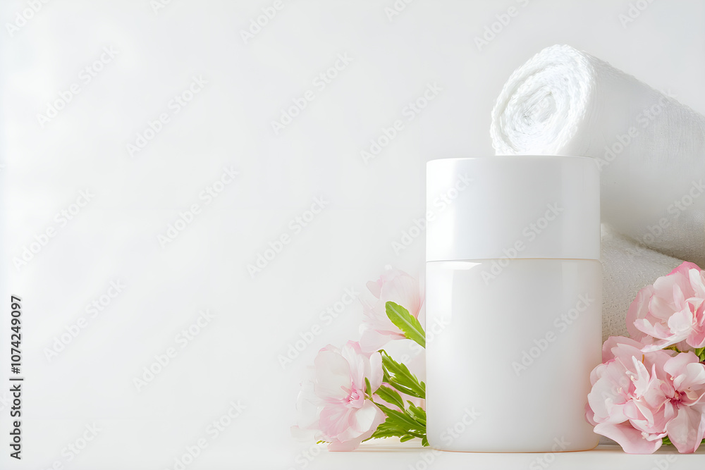 Minimalist spa setting with a cosmetic bottle, towel, and delicate flowers, creating a serene and luxurious atmosphere. Minimalist spa setting with a cosmetic bottle, towel, and delicate flowers, creating a serene and luxurious atmosphere.