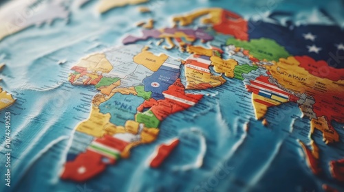 World map with country flags representing different nations, dynamic composition